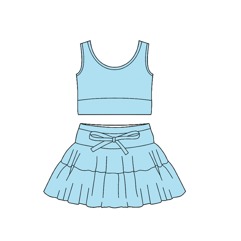 MOQ 5 preorder GSD3376 Solid Light Blue Sleeveless Top with Skirts for Girls Yoga Sets 202512