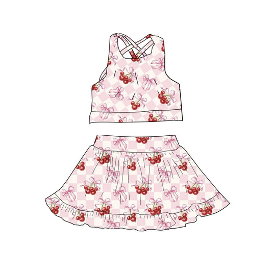 MOQ 5 preorder GSD3379 Cherry Bows Pink Plaid Sleeveless Top with Skirts for Girls Yoga Sets 202512