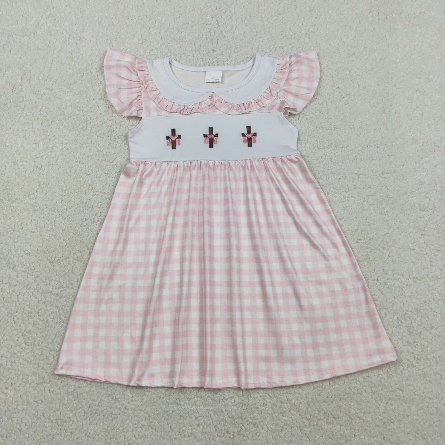 GSD3382 Embroidered Easter Cross Pink Plaid Flying Sleeve Dresses for Girls 202601 RTS