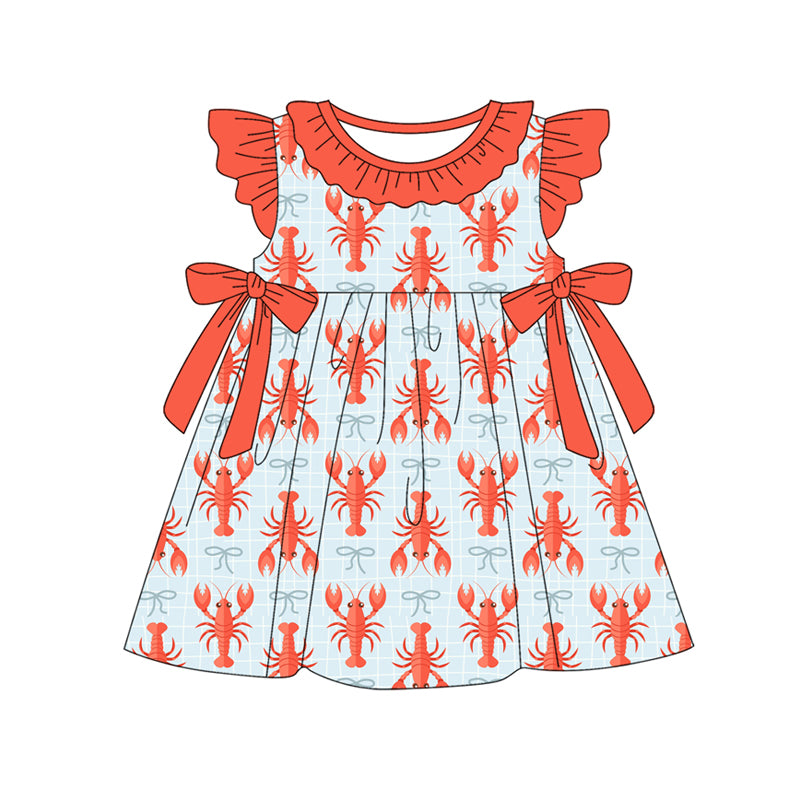 MOQ 5 PCS Preorder GSD3383 Crayfish Pattern Plaid Bows Red Ruffle Flying Sleeve Dresses for Girls 202512