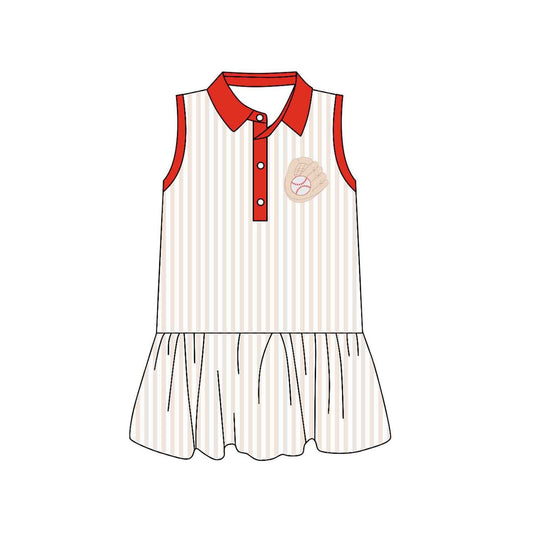 MOQ 5 PCS Preorder GSD3385 Baseball Pattern Stripe Red Polo Sleeveless Dresses for Girls 202512