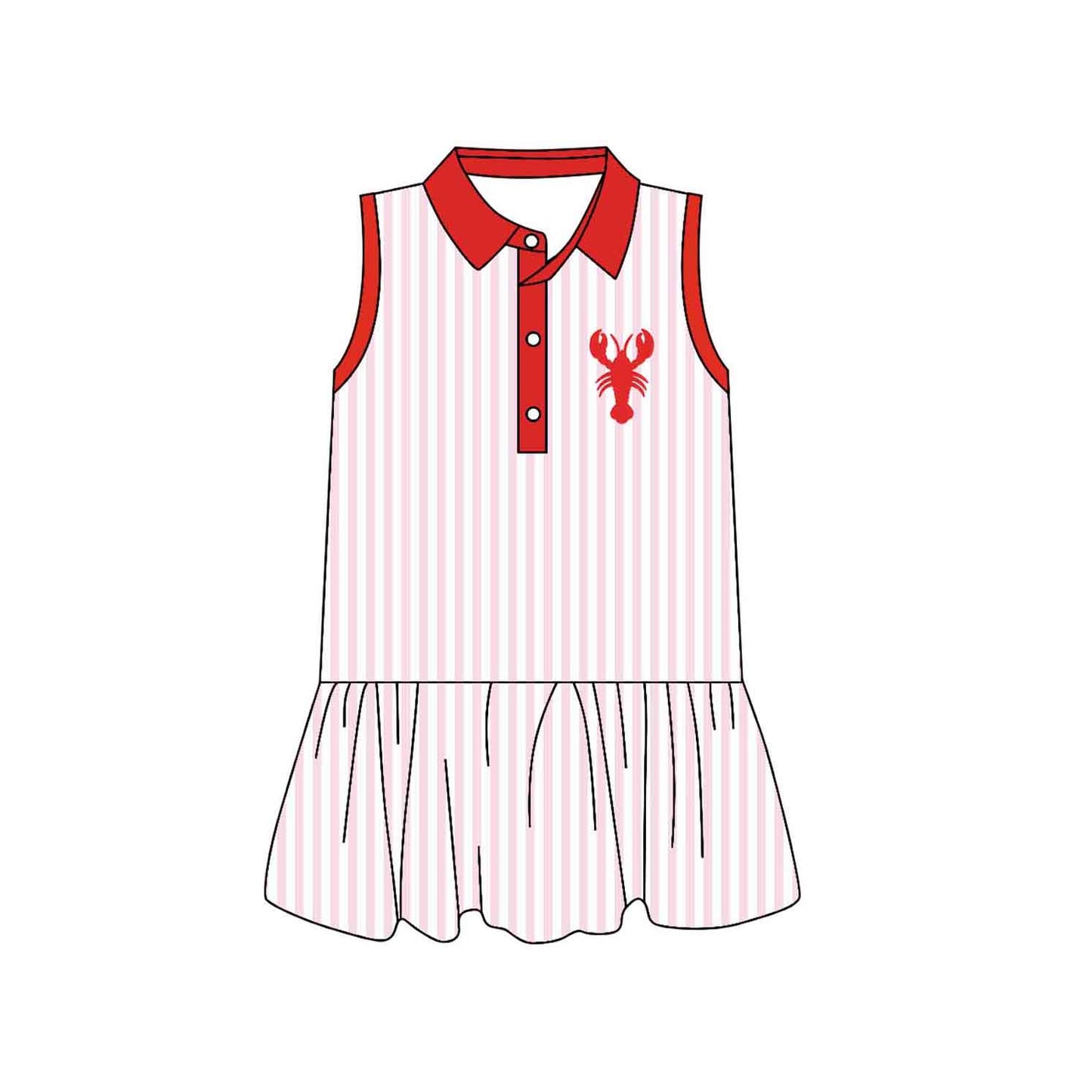 MOQ 5 PCS Preorder GSD3386 Crayfish Pattern Stripe Red Polo Sleeveless Dresses for Girls 202512