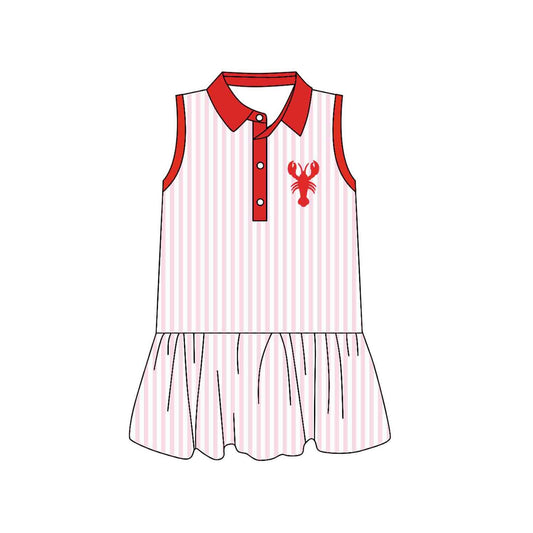 MOQ 5 PCS Preorder GSD3386 Crayfish Pattern Stripe Red Polo Sleeveless Dresses for Girls 202512