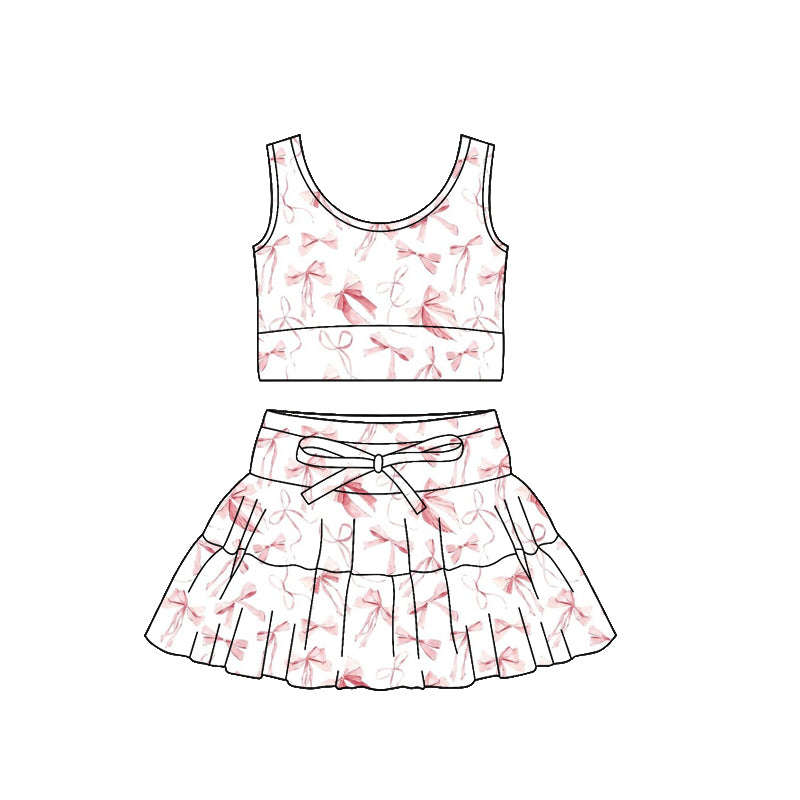 MOQ 5 preorder GSD3387 Bows White Sleeveless Top with Skirts for Girls Yoga Sets 202512