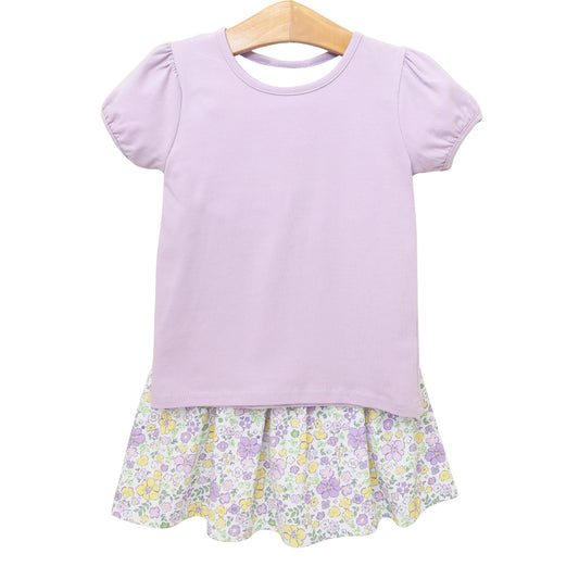 MOQ 5 preorder GSD3388 Solid Purple Short Sleeve Top with Flower Skirts for Girls Yoga Sets 202512