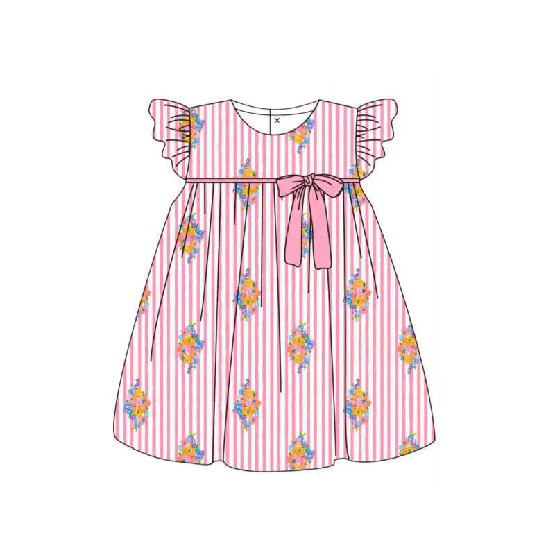 MOQ 5 PCS Preorder GSD3390 Flower Bow Pink Stripe Flying Sleeve Dresses for Girls 202512