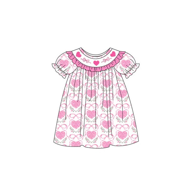 MOQ 5 PCS Preorder GSD3391 Valentines Day Love Bows Pink Ruffle Short Sleeve Dresses for Girls 202512