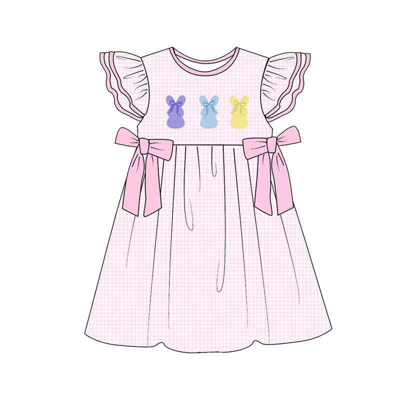 MOQ 5 PCS Preorder GSD3392 Easter Bunny Bows Pink Plaid Flying Sleeve Dresses for Girls 202512