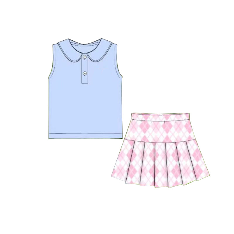 MOQ 5 preorder GSD3395 Solid Blue Doll Collar Sleeveless Top with Pink Plaid Skirts for Girls Yoga Sets 202512