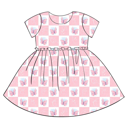MOQ 5 PCS Preorder GSD3398 Butterfly Pink Plaid Short Sleeve Dresses for Girls 202512