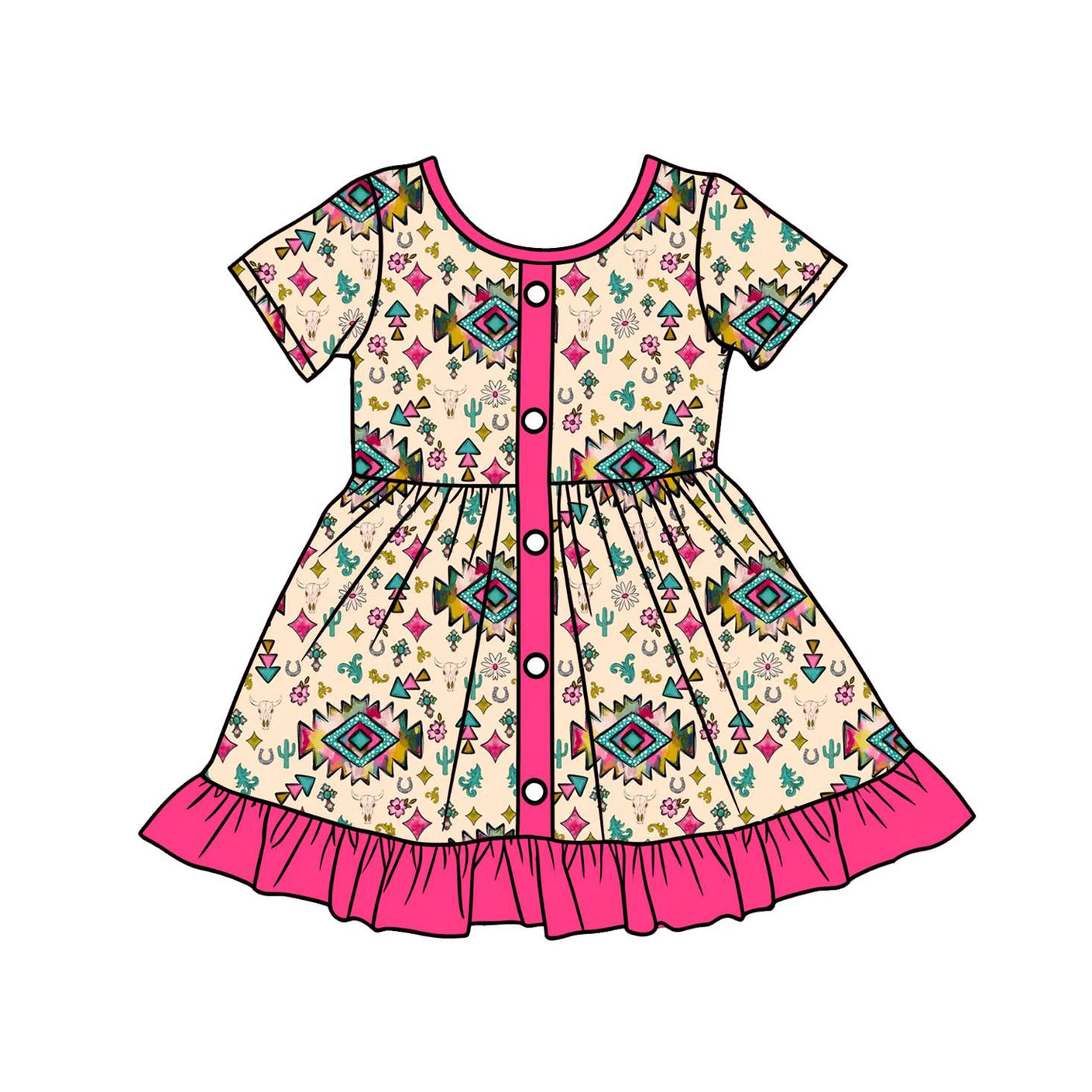MOQ 5 PCS Preorder GSD3403 Geometric Cactus Rose Red Ruffle Short Sleeve Dresses for Girls 202512