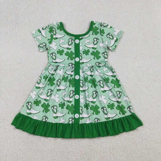 GSD3404 St Patrick's Day Four-Leaf Green Ruffle Short Sleeve Dresses for Girls 202601 RTS