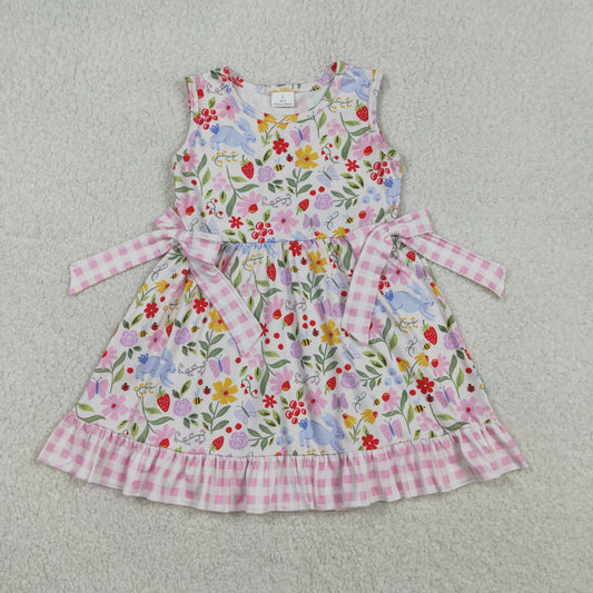 GSD3405 Easter Bunny Flower Leaf Pink Plaid Bows Ruffle Sleeveless Dresses for Girls 202512 RTS