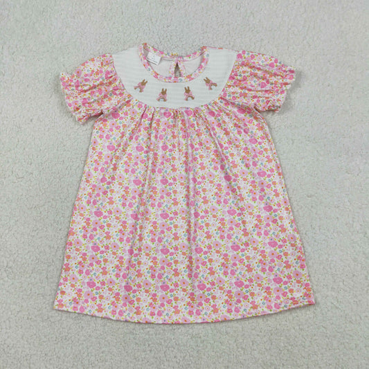 GSD3406 Smocked Easter Bunny Bows Floral Pink Short Sleeve Dresses for Girls 202603 RTS