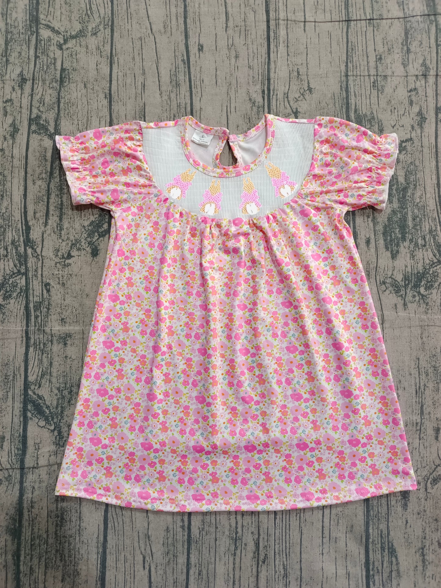 NO MOQ Preorder GSD3406 Smocked Easter Bunny Bows Floral Pink Short Sleeve Dresses for Girls 202601