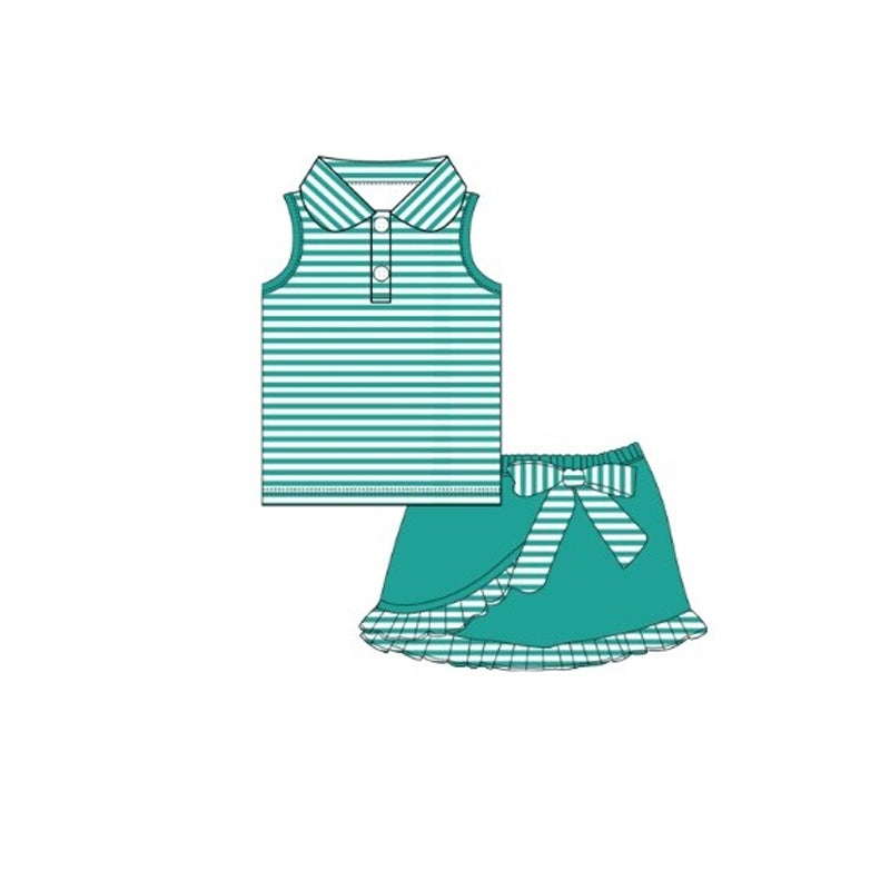 MOQ 5 PCS Preorder GSD3409 Solid Blue Green Stripe Polo Sleeveless Bows Ruffle Skirts for Girls 202512
