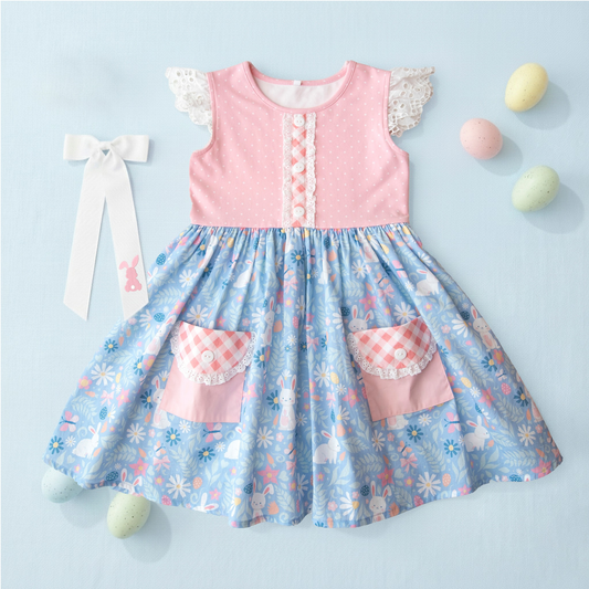 MOQ 5 PCS Preorder GSD3412 Easter Bunny Flower Pocket Dots Lace Ruffle Flying Sleeve Dresses for Girls 202512