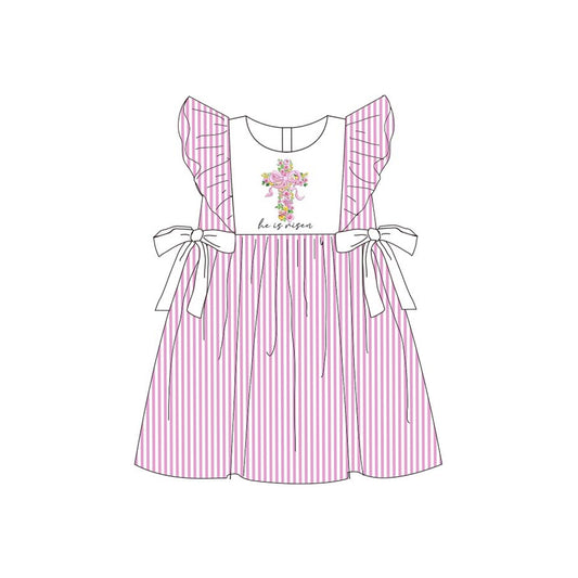 MOQ 5 PCS Preorder GSD3413 Easter Cross Flower Pink Purple Stripe Flying Sleeve Dresses for Girls 202512