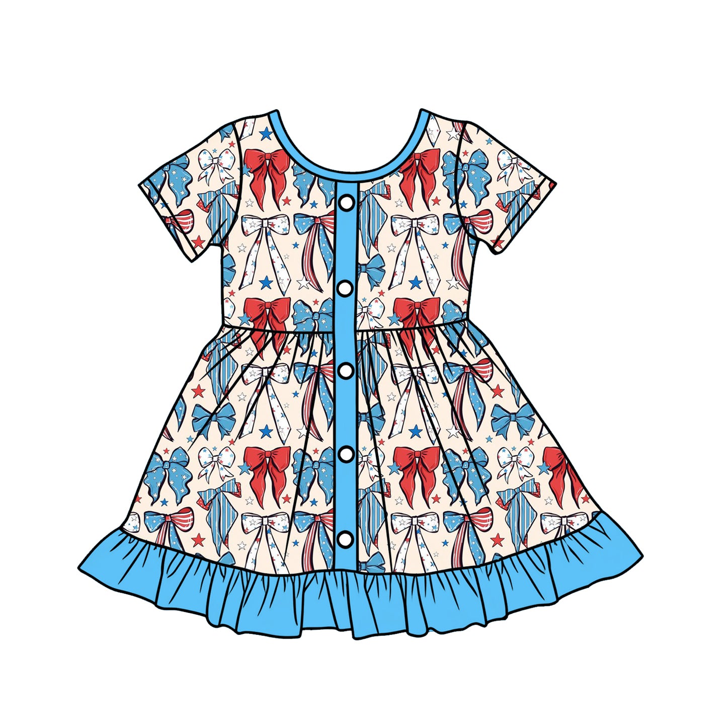 MOQ 5 PCS Preorder GSD3415 4th of July Star Bows Blue Ruffle Short Sleeve Dresses for Girls 202512