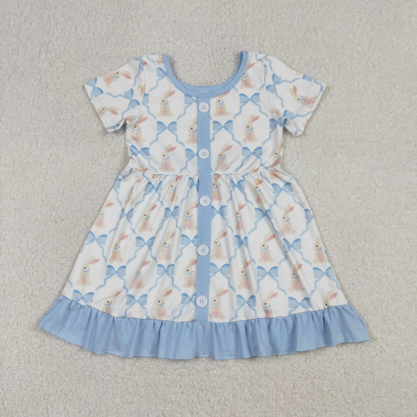 GSD3416 Easter Bunny Bows Blue Ruffle Short Sleeve Dresses for Girls 202601 RTS
