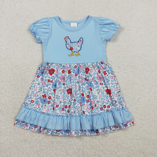 GSD3418 Embroidered Chick Floral Blue Ruffle Short Sleeve Dresses for Girls 202602 RTS