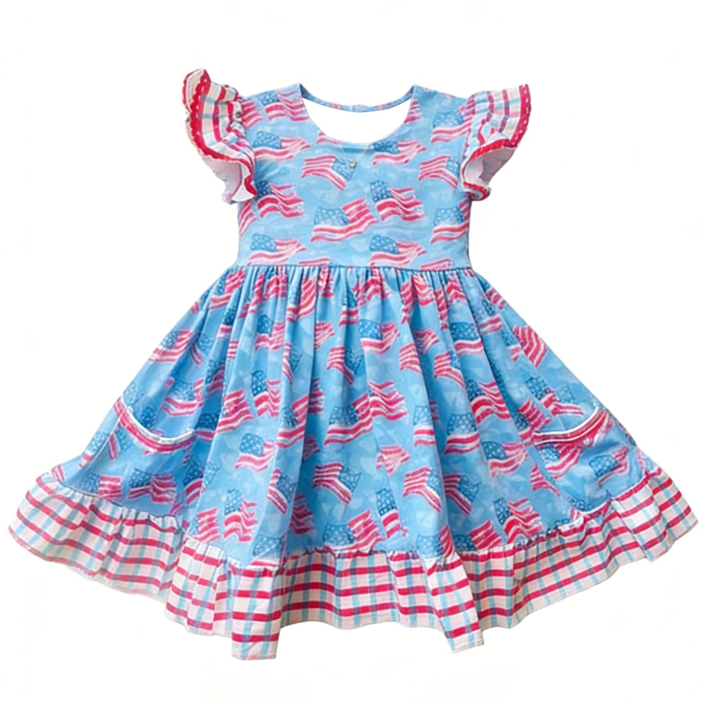 MOQ 5 PCS Preorder GSD3422 4th of July Flag Red Stripe Ruffle Flying Sleeve Dresses for Girls 202512