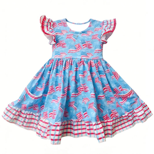 MOQ 5 PCS Preorder GSD3422 4th of July Flag Red Stripe Ruffle Flying Sleeve Dresses for Girls 202512