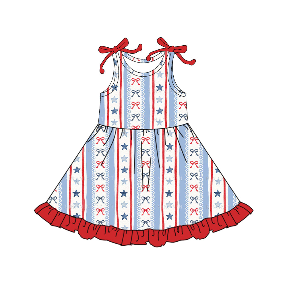 MOQ 5 PCS Preorder GSD3423 4th of July Bows Star Red Ruffle Sleeveless Dresses for Girls 202512
