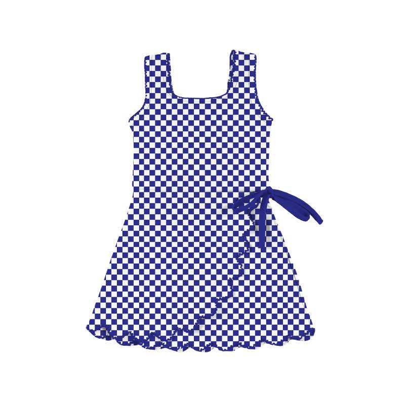 MOQ 5 preorder GSD3426 Blue Purple Plaid Ruffle Bow Yoga Sleeveless Dresses for Girls 202512