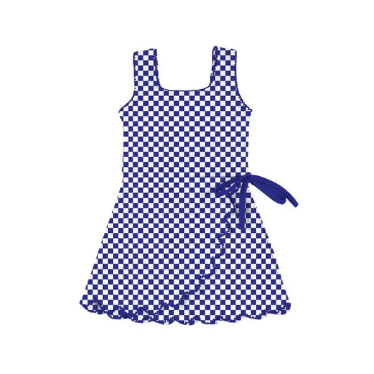 MOQ 5 preorder GSD3426 Blue Purple Plaid Ruffle Bow Yoga Sleeveless Dresses for Girls 202512