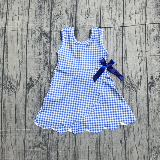 NO MOQ preorder GSD3427 Blue Plaid Ruffle Bow Yoga Sleeveless Dresses for Girls 202601