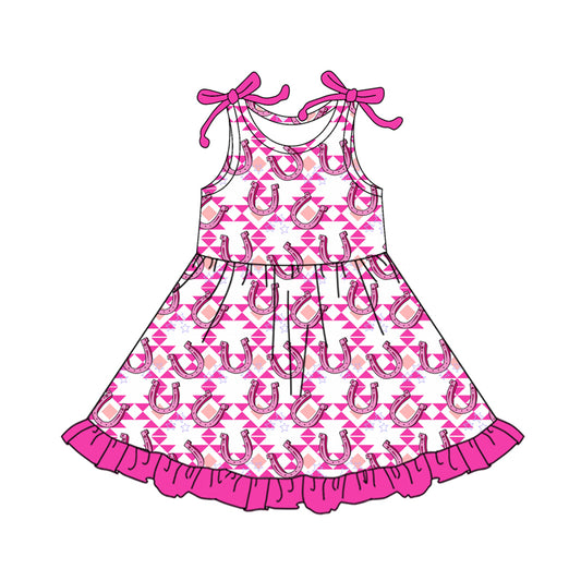 MOQ 5 PCS Preorder GSD3430 Cowgirl Geometric Pattern Rose Red Ruffle Sleeveless Dresses for Girls 202512