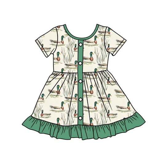 MOQ 5 PCS Preorder GSD3431 Duck Pattern Green Ruffle Short Sleeve Dresses for Girls 202512