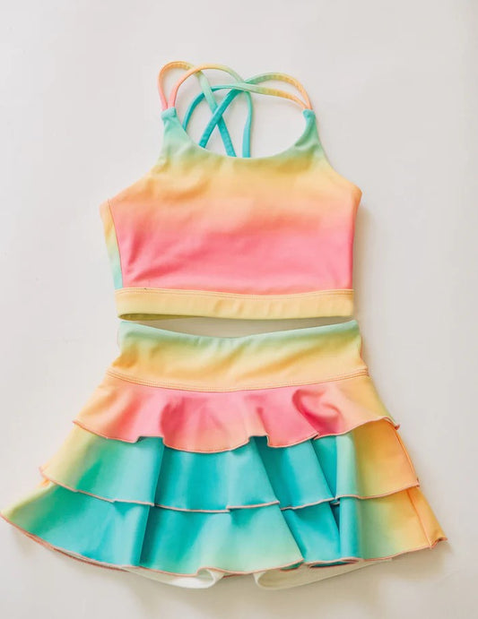 MOQ 5 preorder GSD3433 Colored Sleeveless Top with Ruffle Skirts for Girls Yoga Sets 202512