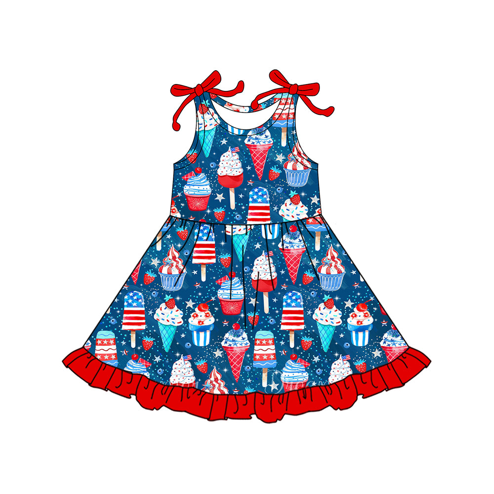 MOQ 5 PCS Preorder GSD3434 Ice Cream Strawberry Red Ruffle Blue Sleeveless Dresses for Girls 202512