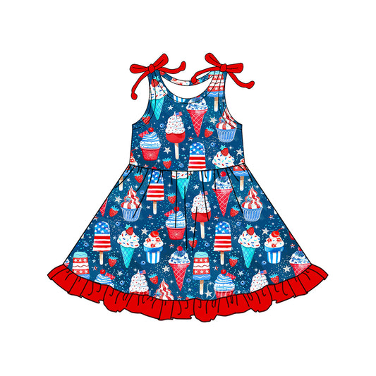 MOQ 5 PCS Preorder GSD3434 Ice Cream Strawberry Red Ruffle Blue Sleeveless Dresses for Girls 202512