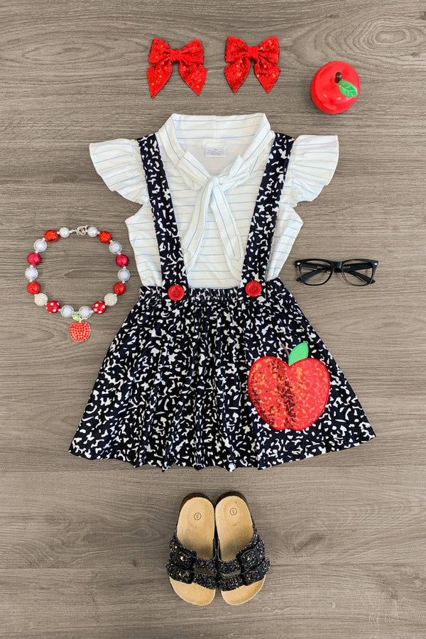 MOQ 5 PCS Preorder GSD3435 Back to School White Flying Sleeve Shirts with Black Ink Skirts for Girls Sets 202512