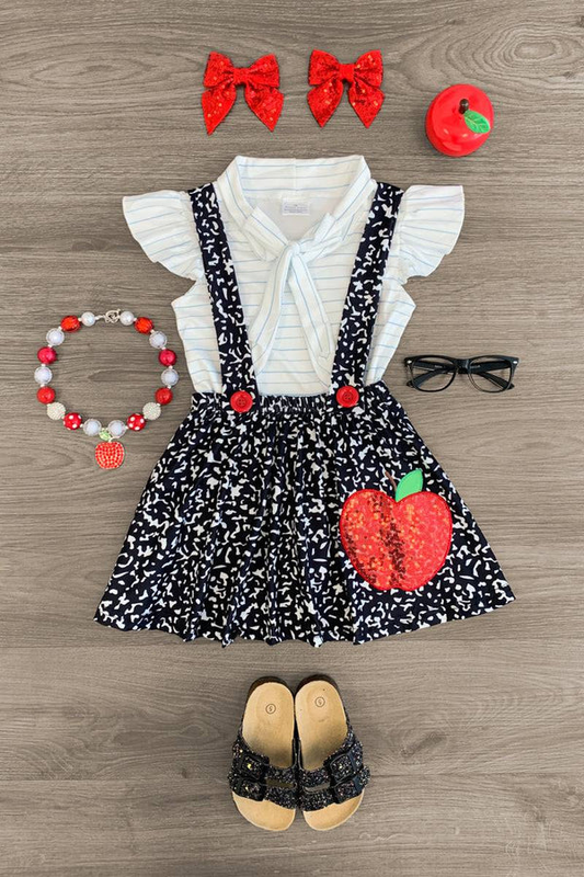 MOQ 5 PCS Preorder GSD3435 Back to School White Flying Sleeve Shirts with Black Ink Skirts for Girls Sets 202512