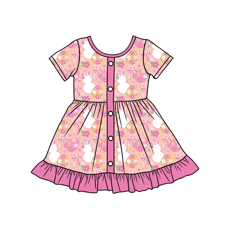 NO MOQ Preorder GSD3440 Easter Bunny Rose Red Ruffle Short Sleeve Dresses for Girls 202512