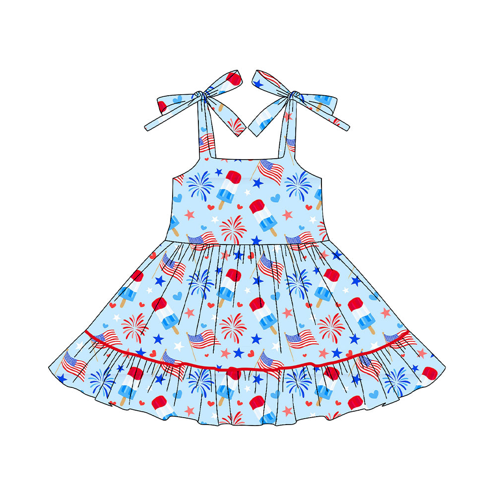 NO MOQ Preorder GSD3442 4th of July Fireworks Star Blue Ruffle Sleeveless Dresses for Girls 202512