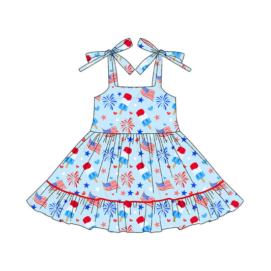 NO MOQ Preorder GSD3442 4th of July Fireworks Star Blue Ruffle Sleeveless Dresses for Girls 202512