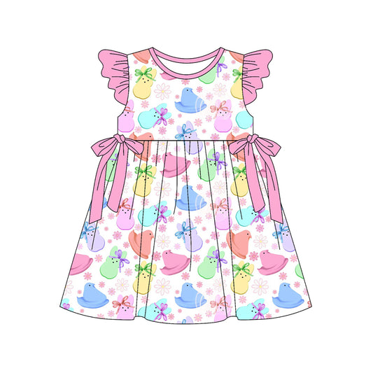 NO MOQ Preorder GSD3451 Easter Colored Bunny Flower Pink Flying Sleeve Dresses for Girls 202512