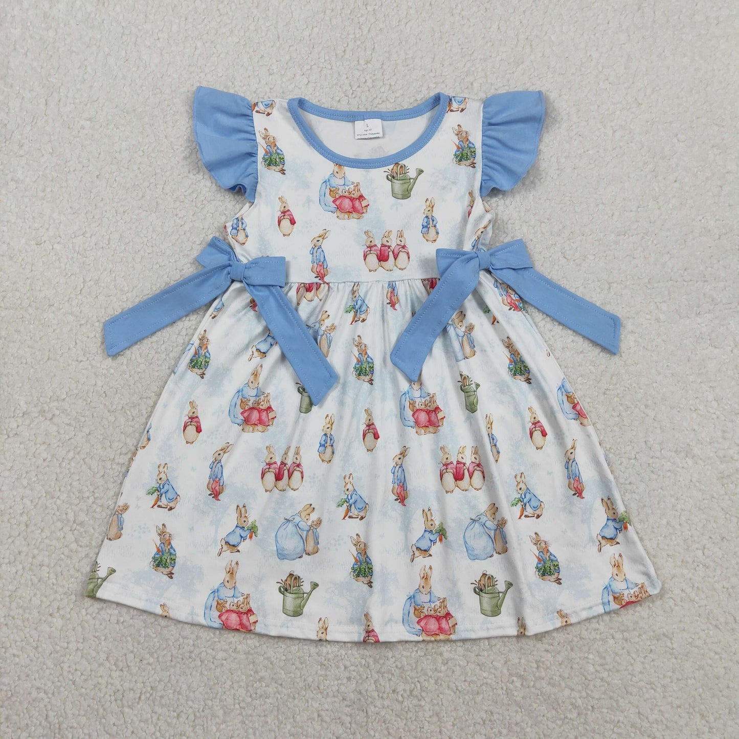 GSD3452 Easter Bunny Blue Bows Flying Sleeve Dresses for Girls 202601 RTS