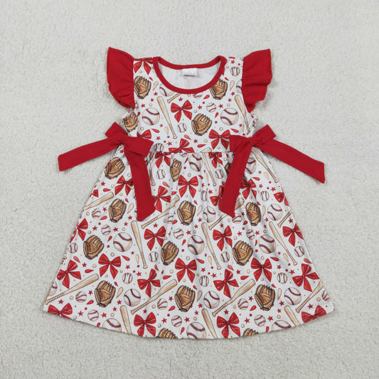 GSD3455 Baseball Red Bows Flying Sleeve Dresses for Girls 202601 RTS