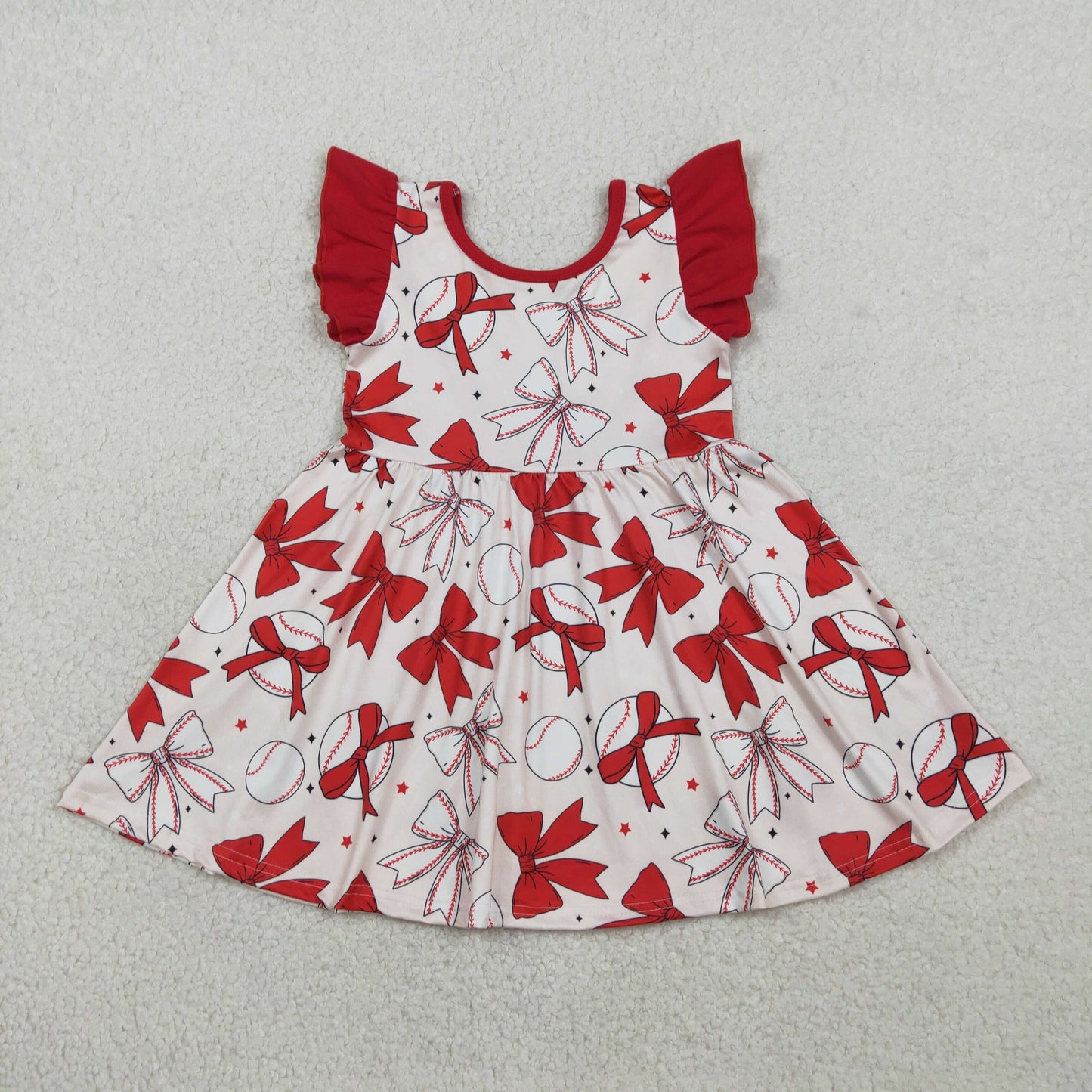 GSD3456 Baseball Bows Red Ruffle Flying Sleeve Dresses for Girls 202602 RTS