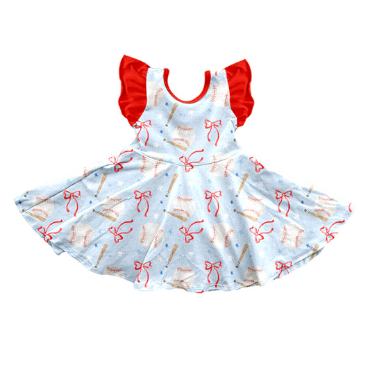 NO MOQ Preorder GSD3458 Baseball Bows Star Red Ruffle Flying Sleeve Dresses for Girls 202512