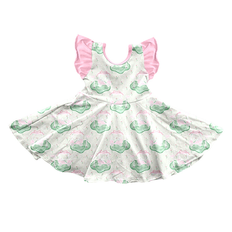 NO MOQ Preorder GSD3459 Golf Green Stripe Pink Ruffle Flying Sleeve Dresses for Girls 202512