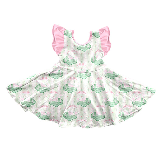 NO MOQ Preorder GSD3459 Golf Green Stripe Pink Ruffle Flying Sleeve Dresses for Girls 202512
