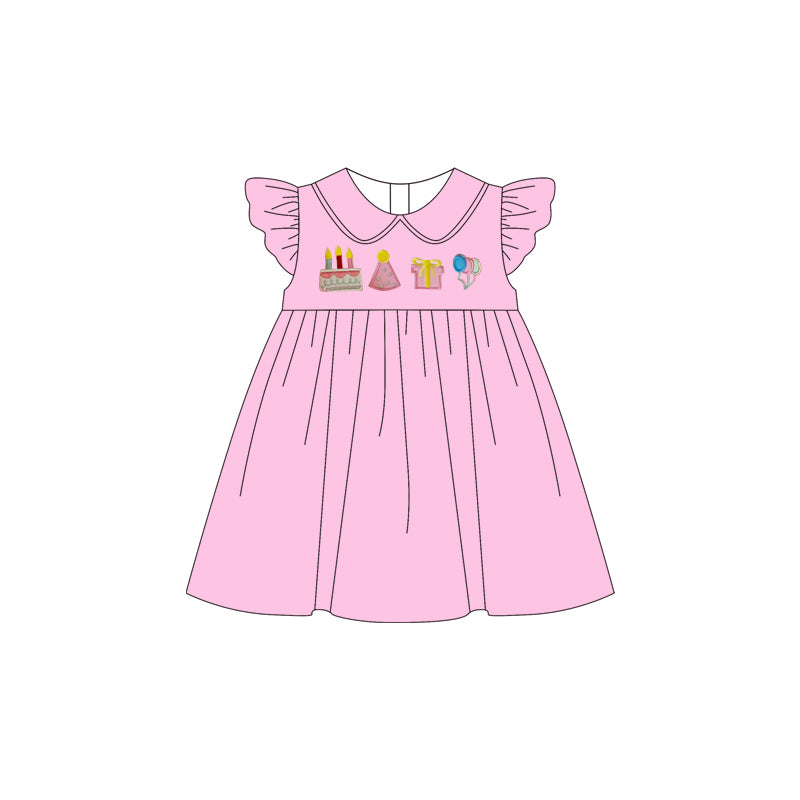 NO MOQ Preorder GSD3463 Birthday Cake Gift Balloon Doll Collar Pink Flying Sleeve Dresses for Girls 202512