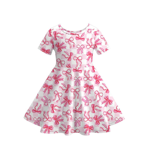 NO MOQ Preorder GSD3465 Pink Bows Plaid Short Sleeve Dresses for Girls 202512